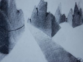 Charcoal Perspective Black and white charcoal drawing of mountainous crags